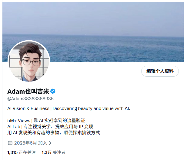 Adam X 账号主页与 10M+曝光简介截图